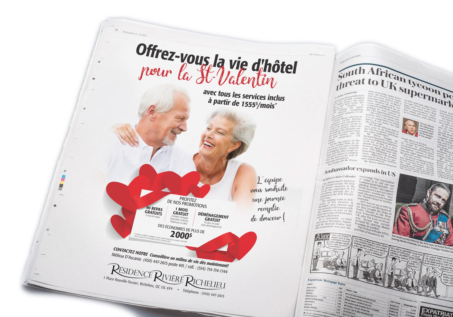Publicité pour la promotion «Offrez-vous la vie d'hôtel...» pour la Résidence Rivière Richelieu de St-Jean-sur-le-Richelieu, maison de retraite pour personnes aînées.